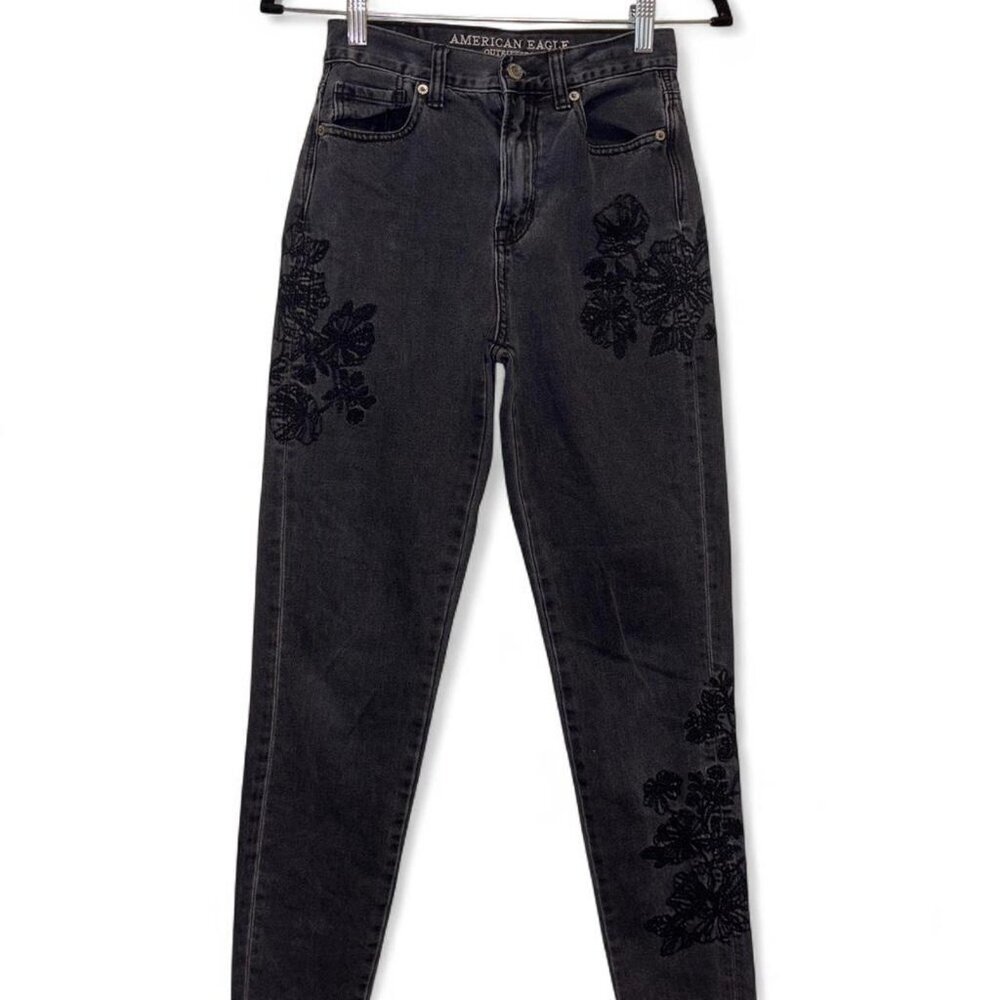 American Eagle Black Denim Jeans Floral Embroidery Size 00